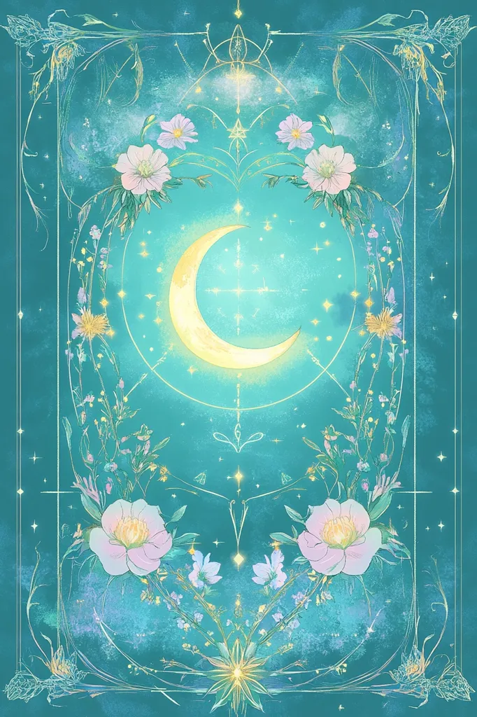 The image depicts a crescent moon in a starry sky, surrounded by delicate white flowers and vines. The background is a teal-colored sky with a soft glow. The image is framed by a delicate floral design and stars. It creates a whimsical and ethereal atmosphere, invoking a sense of magic and wonder.