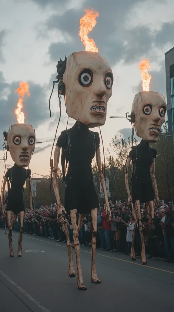 Three large, humanoid figures with elongated limbs and flame-emitting heads walk down a street.  Their faces are pale and gaunt, with exaggerated features. They wear simple black dresses and are seemingly mechanized, with visible wires and attachments.  A crowd watches from the sidewalks as the figures proceed, creating a surreal and somewhat unsettling spectacle. The overall mood is one of spectacle and perhaps a touch of unease.