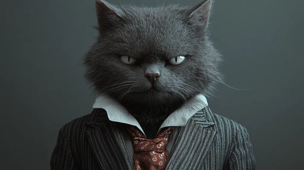 A gray cat, looking serious and slightly annoyed, is dressed in a pinstripe suit with a white collar and a red patterned tie. The cat has sharp, intelligent eyes. It appears to be staring intently at something outside the frame. The background is a muted, solid gray. The image has a playful, almost comedic tone, as it portrays a cat as a dapper businessman.