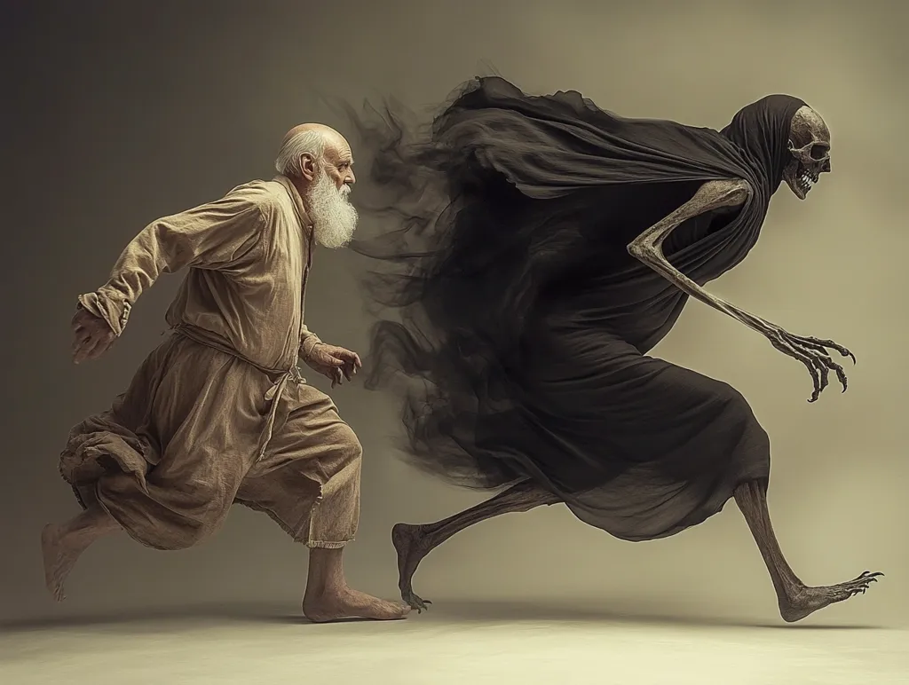 The image depicts a dramatic chase scene.  An elderly, bearded man in a flowing robe runs frantically away from a skeletal figure cloaked in dark, billowing fabric. The skeletal figure, appearing death-like, pursues with long, bony limbs and clawed hands.  The contrast between the frail man and the looming specter emphasizes themes of mortality and the inevitability of death.  The hazy background further accentuates the urgency and ethereal nature of the scene.