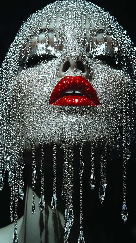 A close-up portrait of a woman's face, completely covered in shimmering silver beads and chains. Her eyes are closed and her lips are painted a bold red, creating a dramatic contrast against the silver. The chains hang down like teardrops, adding a sense of mystery and intrigue. The background is a deep black, enhancing the sparkle of the silver. The image evokes a feeling of glamour and sophistication.