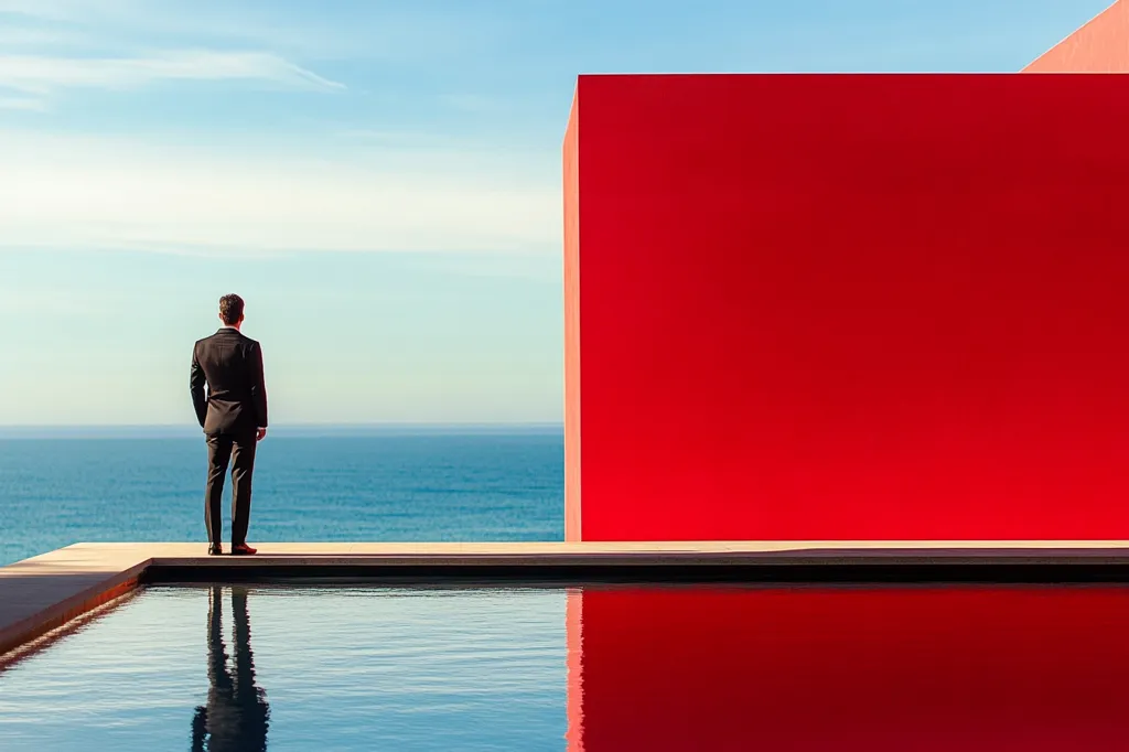 A man in a dark suit stands with his back to the camera, gazing out at a calm blue ocean. He's positioned on a deck beside an infinity pool, next to a large, vibrant red wall. The scene is minimalist and stark, with the bright red contrasting sharply against the blue of the water and sky. The man's reflection is partially visible in the pool, mirroring his isolated posture.  The overall impression is one of contemplation or solitude against a dramatic, modern backdrop.