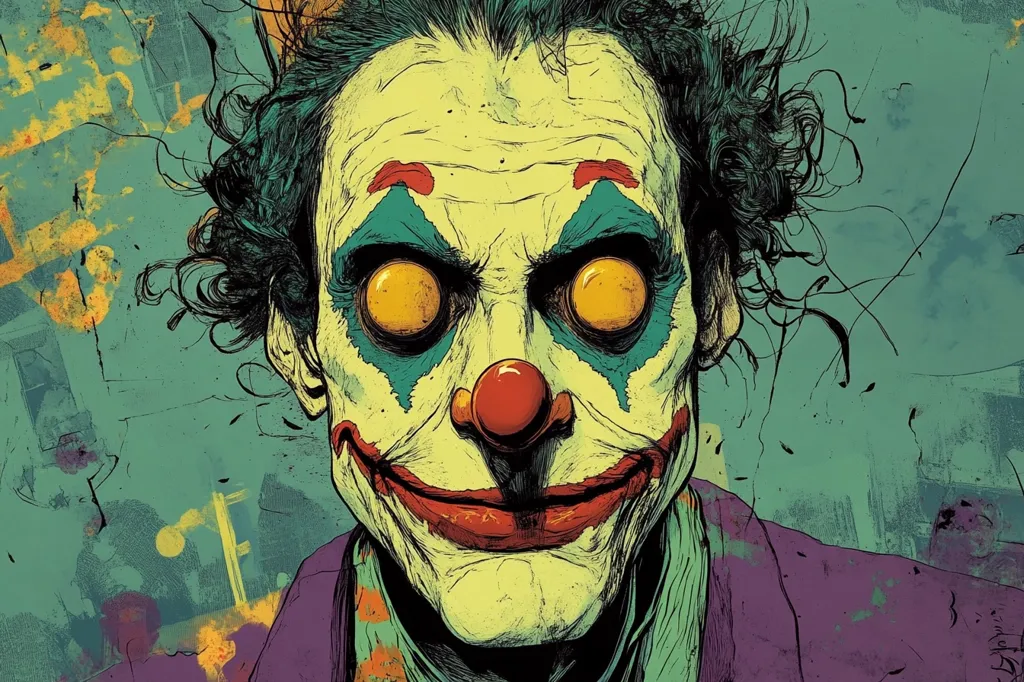 The image is a stylized portrait of a sinister clown. His face is pale green with exaggerated features: large, unsettling yellow eyes, a wide, unsettling smile, and a bright red nose.  Dark, curly hair frames his face. The overall style is gritty and textured, with a color palette of muted greens, yellows, and purples, suggesting a vintage or distressed aesthetic. The background is a chaotic blend of colors and shapes, enhancing the unsettling mood. The clown’s expression is unsettling, a mix of manic glee and sinister intent.