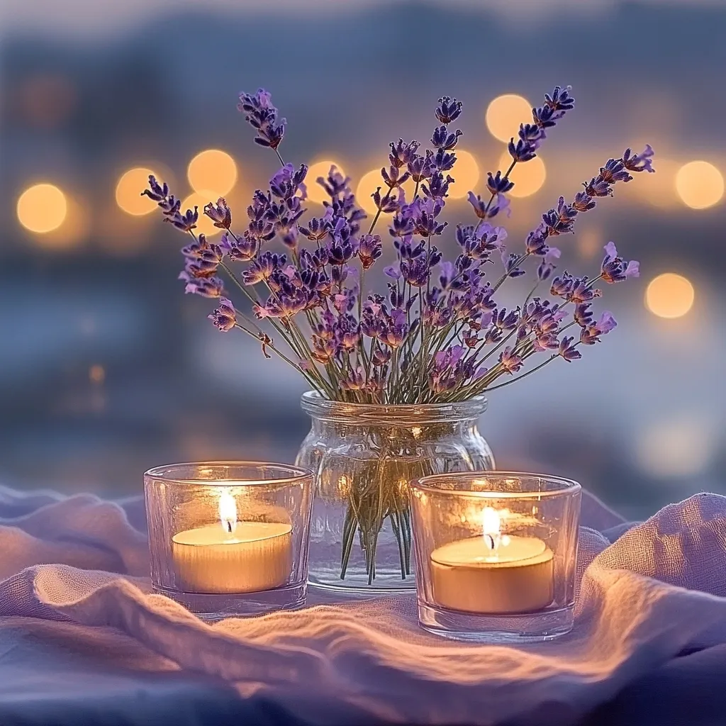 Two tea lights sit on a lavender cloth, casting a warm glow. A glass vase filled with purple lavender flowers sits between the candles. The background is a soft blur of out-of-focus lights, suggesting a romantic evening setting. The overall ambiance is calming and serene.