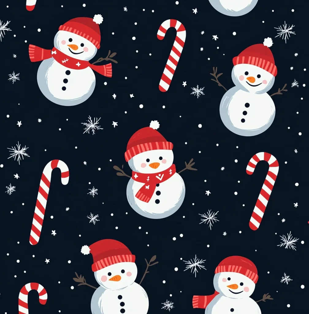 The image is a seamless pattern of snowmen and candy canes on a dark blue background. The snowmen are wearing red hats and scarves and have black eyes and carrot noses. The candy canes are red and white. The background is dotted with white snowflakes. The pattern is festive and cheerful, perfect for a winter-themed design.