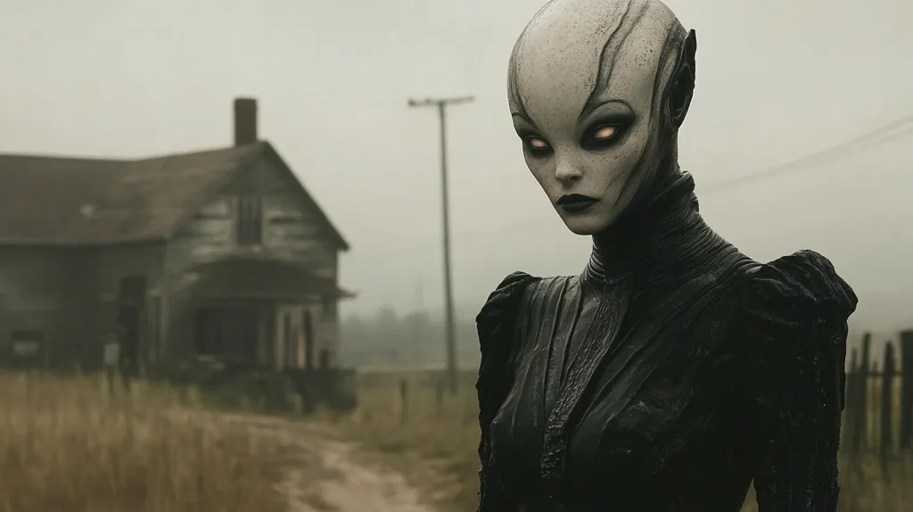 An alien woman, pale-skinned with dark, intense eyes, stands in a desolate landscape.  She wears a dark, Victorian-style dress.  Behind her, a dilapidated farmhouse sits on a dirt road, surrounded by tall, dry grass under a misty sky. The overall mood is eerie and unsettling, suggesting a science fiction or horror setting.  The contrast between the alien's otherworldly appearance and the rural setting creates a sense of mystery.