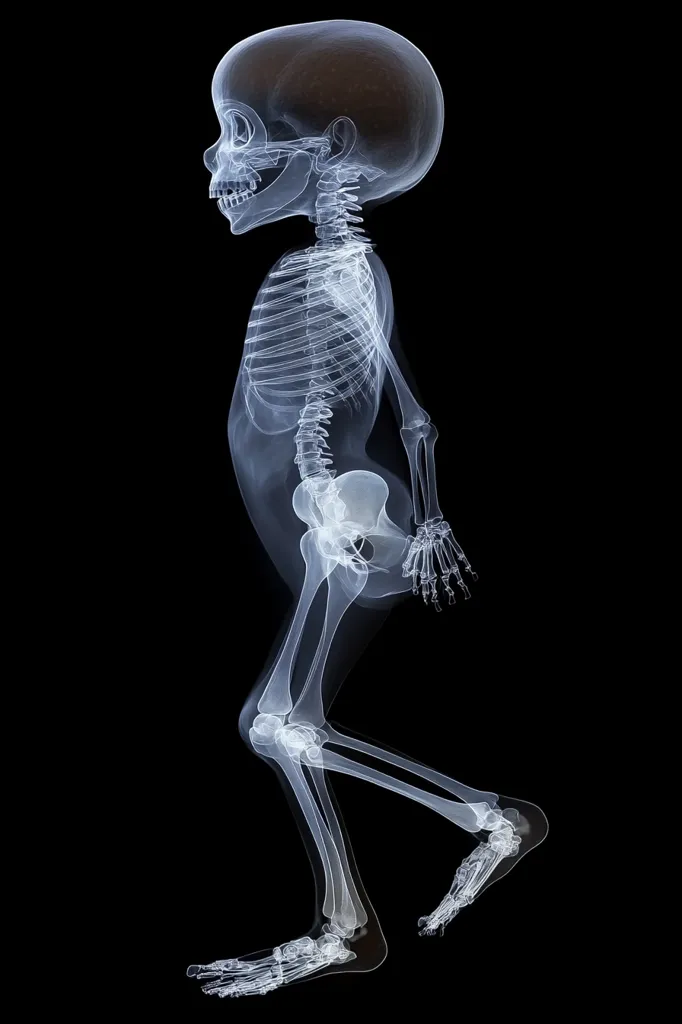 The image is a digital rendering of a child's skeleton, presented as an X-ray. The skeletal structure is shown in detail, from the skull to the toes. The child is depicted standing with one leg slightly bent, creating a dynamic pose. The image appears to be a medical illustration, showcasing the intricate anatomy of the human skeleton. The black background highlights the delicate lines of the bones.