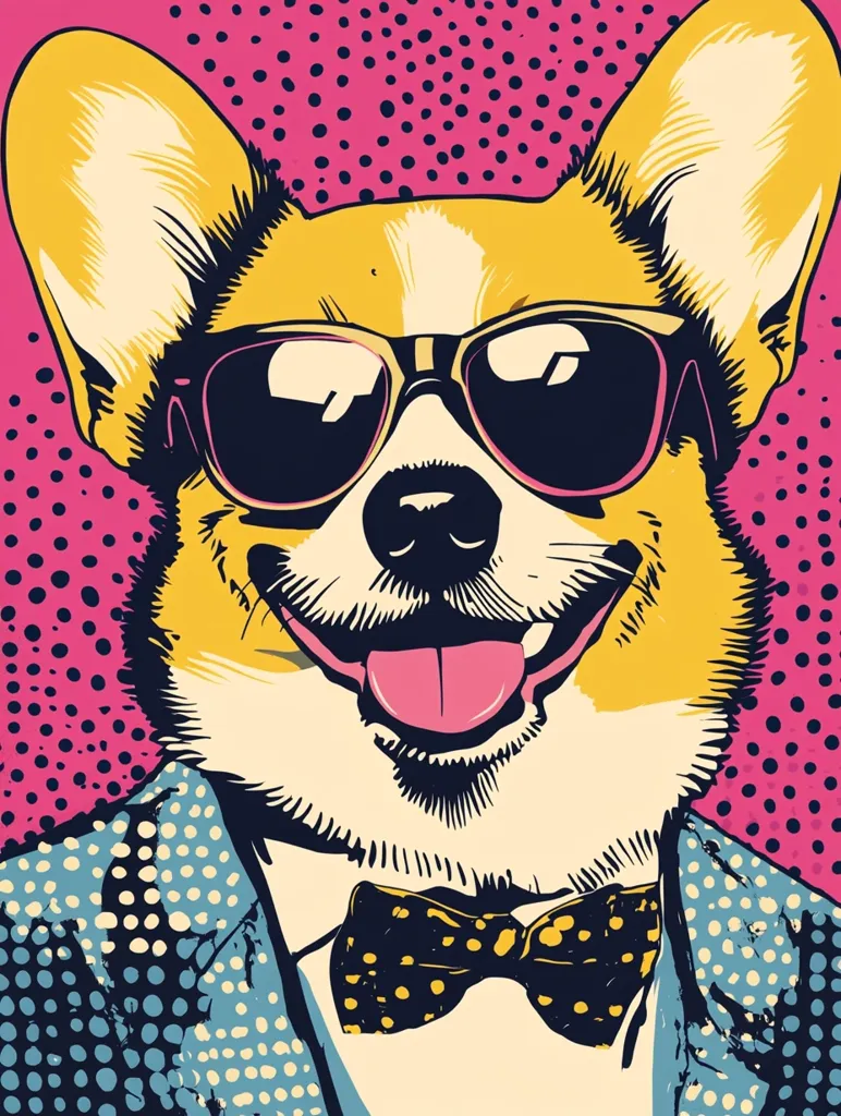 The image depicts a cartoon corgi wearing sunglasses, a bow tie, and a suit. The dog is smiling and sticking out its tongue, with a pop art style background. The image features a vibrant color scheme and bold lines, creating a playful and fun aesthetic.