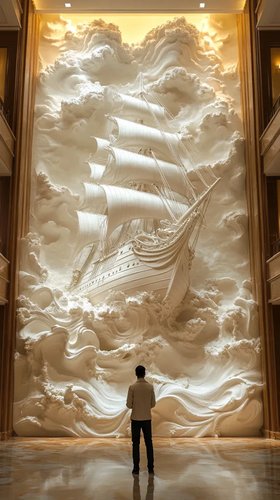 Here's a description of the image:

The photograph shows a stunning, large-scale bas-relief sculpture of a ship sailing through turbulent waves. The sculpture is crafted from a creamy white material, possibly plaster or resin, and features incredibly detailed textures, giving the impression of swirling clouds and ocean foam.  A lone figure, a man in a light-colored jacket and dark trousers, stands before the artwork, observing it from a reflective floor in what appears to be a luxurious, high-ceilinged interior. The overall effect is one of awe-inspiring grandeur and artistic mastery. The lighting accentuates the sculpture's texture and depth.