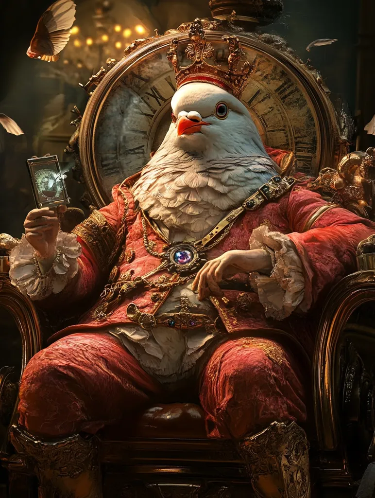 A white dove, wearing a gold crown, sits regally on an ornate throne. It is adorned with a red and gold outfit and holds a small, ornate object in its hand. The throne is decorated with a large clock face and intricate carvings. The dove's serious expression suggests a kingly air. The image is filled with rich detail and evokes a sense of fantasy and royalty.