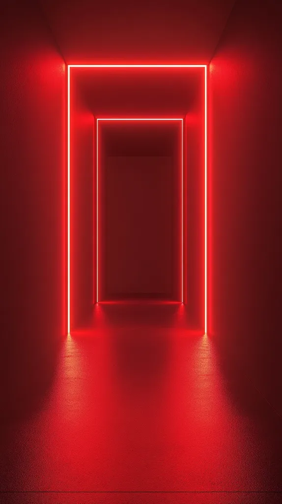 The image shows a red room with two sets of bright red neon lights that form two rectangular frames. The neon lights are positioned at the top of the room, casting long shadows on the floor.  The light illuminates the empty room, creating a sense of depth and mystery.