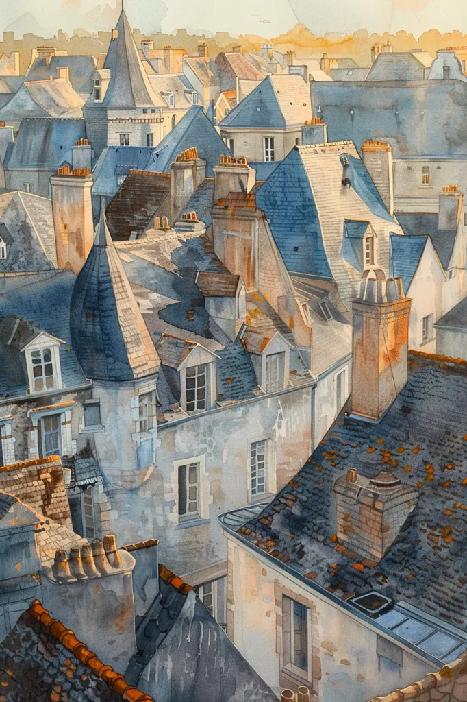 A watercolor painting depicts a birds-eye view of a European town. The image showcases a multitude of rooftops, chimneys, and windows, creating a textured and intricate composition. The buildings are painted in soft blues, browns, and grays, giving a sense of age and charm. The light from the sky is gently reflected on the rooftops, highlighting the intricate details of the buildings.
