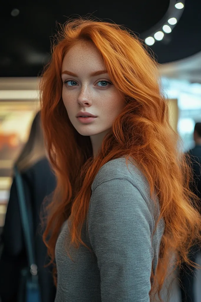 A young woman with vibrant, long, wavy ginger hair looks over her shoulder.  She has fair skin, light freckles, and striking blue-green eyes.  Her expression is serene, almost pensive.  She's wearing a simple, grey long-sleeved shirt.  The background is blurry, suggesting an indoor public space, possibly a gallery or shopping mall, with hints of artwork and other people in the distance. The image's focus is sharply on the woman's face and hair.