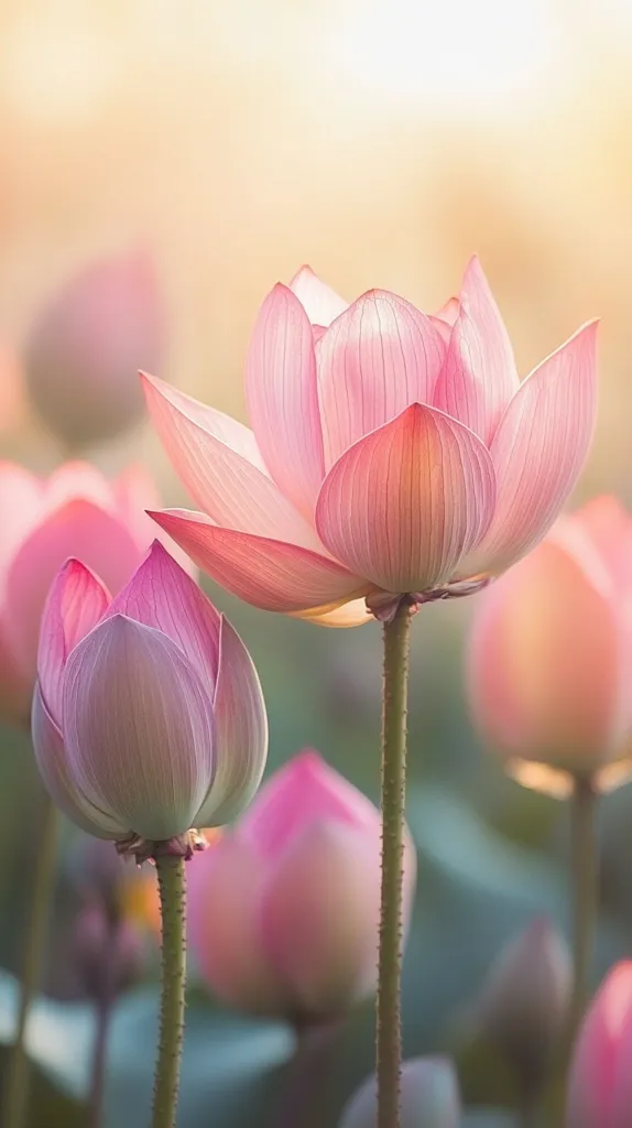 The image shows a close-up of several pink lotus flowers in various stages of bloom.  The flowers are delicate and soft, with petals that are slightly translucent. The background is blurred, creating a dreamy effect. The image evokes a sense of peace and tranquility.  The soft lighting highlights the beauty of these flowers.