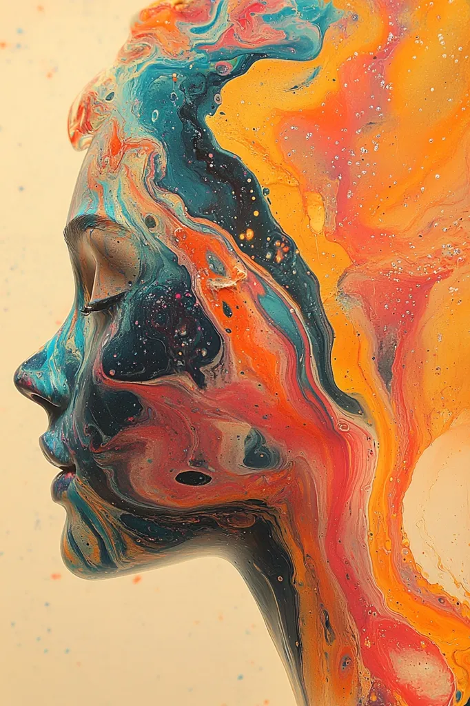 The image is a close-up of a woman's face, rendered in a vibrant, abstract style. The face is covered in swirls of swirling colors like blue, orange, yellow, and red, creating a chaotic and dynamic effect. The colors appear to be bleeding together, creating a sense of movement and fluidity. The background is a soft, off-white color that provides a subtle contrast to the vibrant colors of the face. The overall impression is one of surrealism and fantasy.