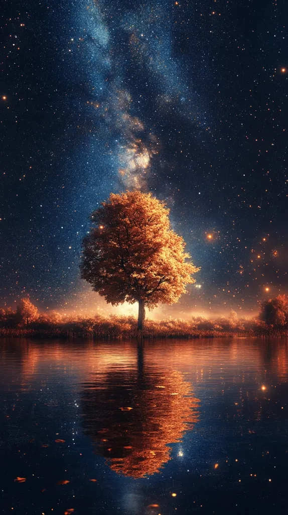 A lone tree with golden leaves stands tall against a night sky filled with a vibrant Milky Way galaxy.  The reflection of the tree in the still water below creates a mesmerizing mirror image of the celestial wonder above. The scene is peaceful and serene,  a magical moment under the stars.
