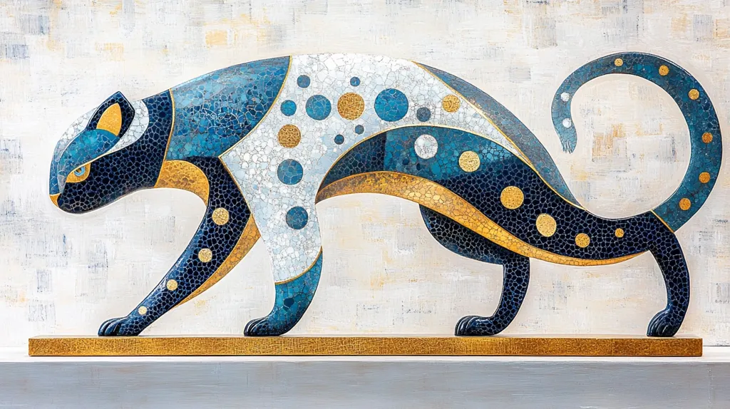 A blue and gold mosaic sculpture of a stylized cat. The cat is in a crouching pose with its tail curled around its body. The sculpture is on a golden base and is set against a white background. The mosaic tiles are arranged in a geometric pattern, creating a striking and intricate design.
