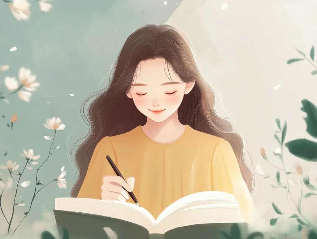 The image depicts a young woman with long brown hair, wearing a yellow shirt, sitting amidst a field of white flowers. She is writing in an open notebook, her eyes closed in concentration. The scene is peaceful and serene, suggesting a moment of quiet reflection and creativity. The soft light and delicate details contribute to the overall sense of tranquility.