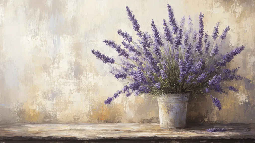 A painting depicts a rustic still life. A large bouquet of lavender blossoms is arranged in a weathered, light-grey metal bucket. The bucket sits on a worn wooden surface against a textured, muted beige wall.  The style is painterly, with visible brushstrokes creating a sense of depth and texture in both the flowers and the background. The overall mood is serene and peaceful, evoking a feeling of Provence. A few fallen lavender sprigs lie scattered on the wooden surface near the bucket.