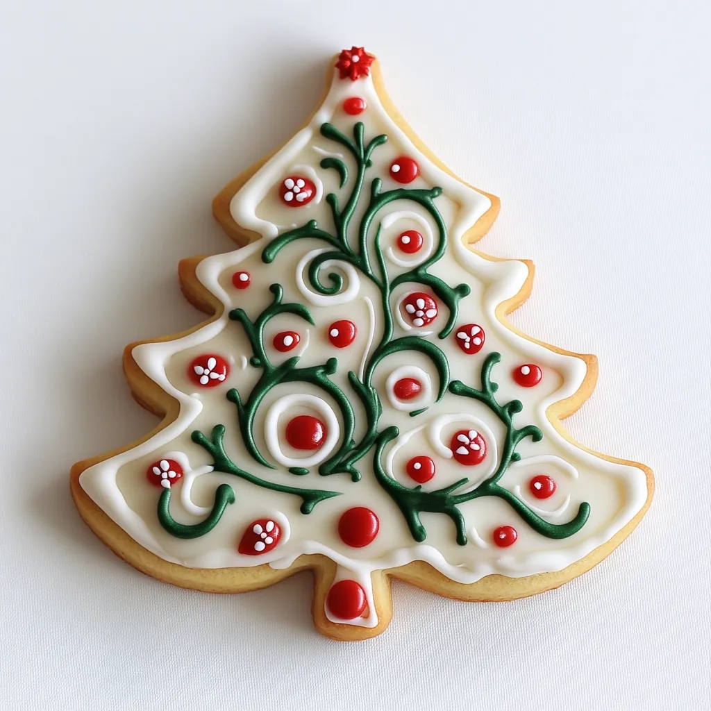 A Christmas tree-shaped cookie, decorated with white icing and intricate green swirls. The swirls are accented with red and white sprinkles, creating a festive design. The cookie is positioned on a white surface. The intricate details and vibrant colors make it a delightful holiday treat.