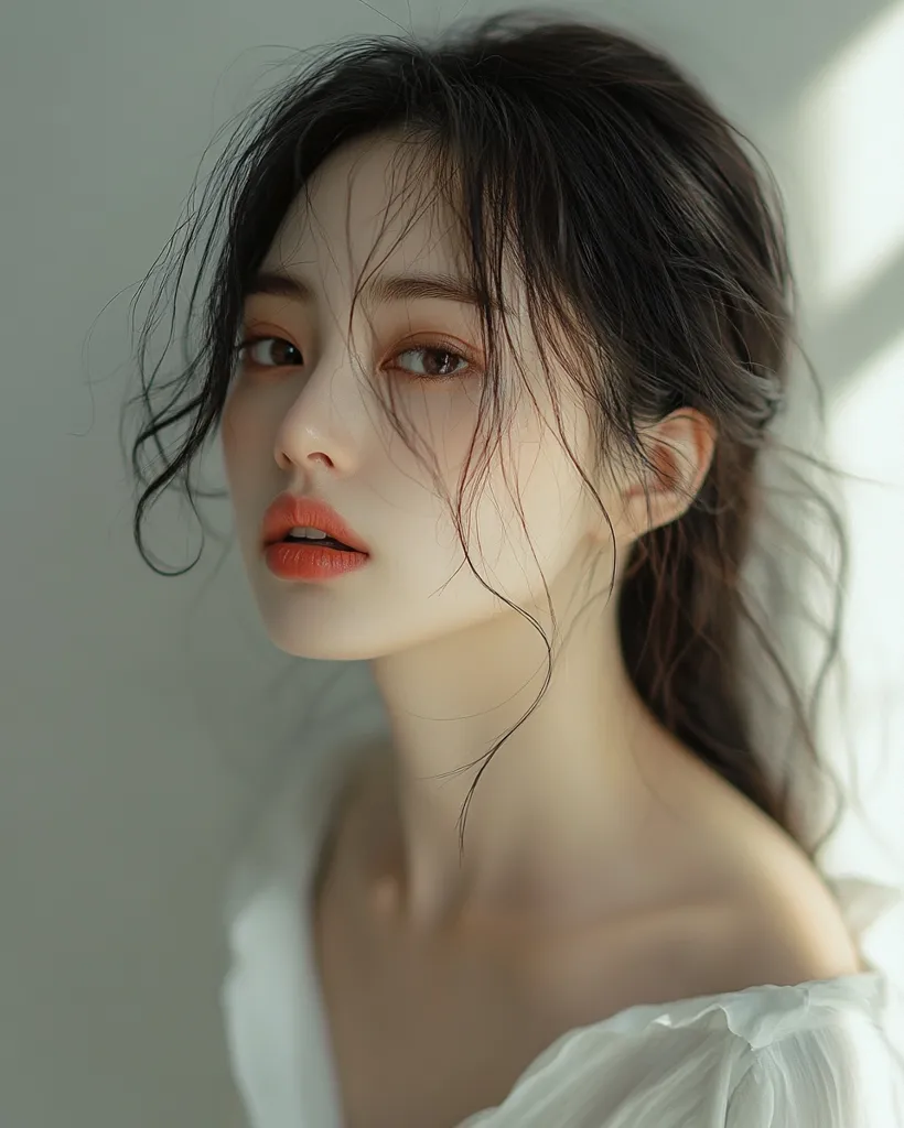 A young woman with long dark hair looks directly at the camera with a soft, serene expression. She has delicate features, light skin, and a hint of peach-colored lipstick. Her hair is styled in a loose, messy bun and falls around her face. She is wearing a white, slightly translucent blouse, suggesting a gentle and feminine aesthetic. The lighting is soft and natural, creating a warm and inviting ambiance.