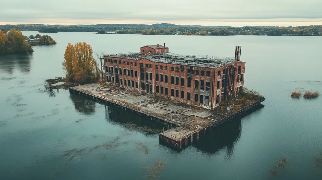 A large, abandoned brick building sits on a small island in a lake. The building is dilapidated and appears to be in ruins. It is surrounded by water, with a small amount of vegetation visible. The water is calm and the sky is overcast. The image captures the feeling of decay and abandonment.