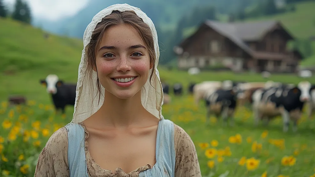 A young woman with freckles and a bright smile stands in a field of yellow wildflowers. She wears a white bonnet and a blue and brown dress. A wooden farmhouse is in the background, and black and white cows graze in the field. The woman's expression is friendly and inviting, creating a sense of warmth and innocence.