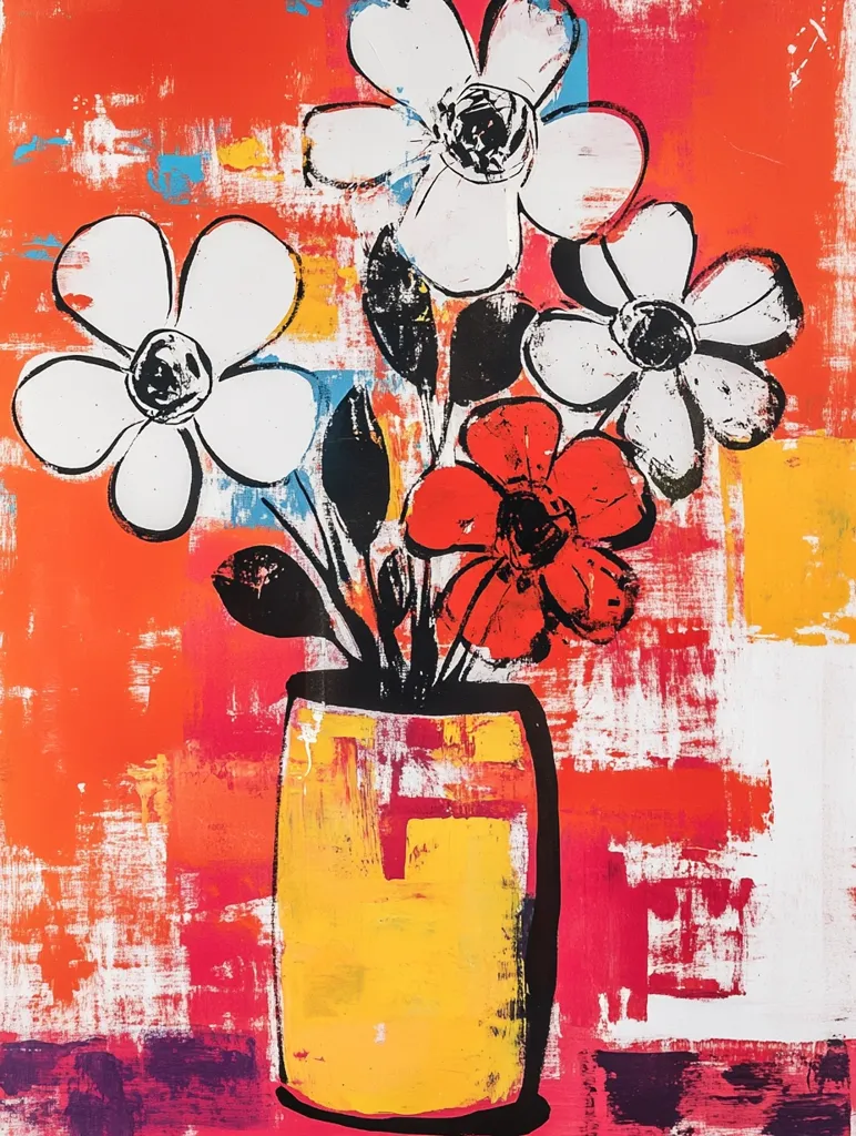 A vibrant abstract painting features four white flowers with black centers and one red flower with a black center, all in a yellow vase. The background is a mix of bold red, orange, pink, white, and blue hues, creating a dynamic and energetic composition. The painting uses thick brushstrokes and bold outlines, emphasizing the abstract forms and colors.