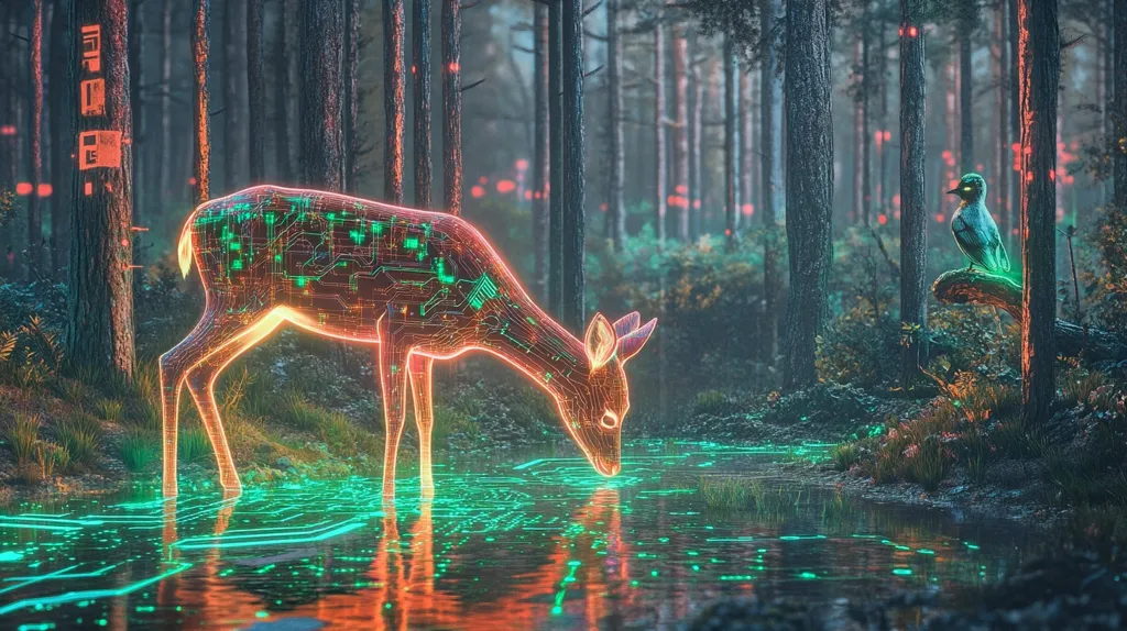 A glowing, digital deer stands in a dark forest, its body made of circuit boards. It bends down to drink from a glowing pool of water in the center of the image,  while a similarly glowing bird perches on a branch in the background.  The forest is filled with an eerie, otherworldly light.
