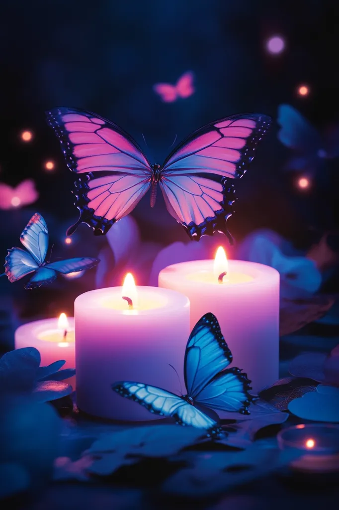 A large, pink butterfly with black markings hovers above two lit candles. The candles are pink and glow in the dark. A smaller blue butterfly sits on the right candle. The background is dark and blurred, with small, white lights scattered throughout. The image evokes a sense of peace and tranquility.