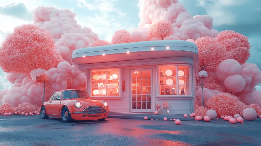A vibrant digital illustration depicts a whimsical scene. A coral-colored vintage car sits parked before a white, retro-style shop, glowing warmly from within.  The building is nestled amidst a fantastical landscape of fluffy, pastel-pink clouds shaped like trees and shrubs, scattered with similarly colored spheres. The overall atmosphere is dreamy and surreal, with a soft, almost cotton-candy-like quality to the imagery.  The sky is a pale blue, enhancing the pastel palette.