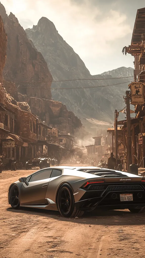 A sleek, silver Lamborghini Huracan sits parked in a dusty, deserted street. The street is lined with old, weathered buildings, and a large mountain looms in the background. The sun casts a warm, golden light over the scene, giving it a surreal and atmospheric quality.