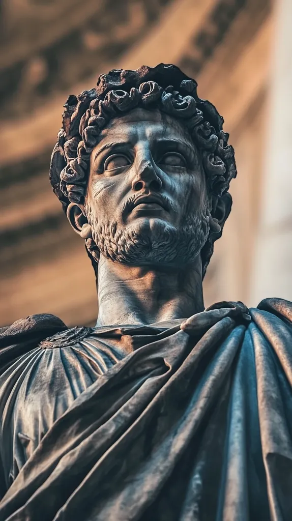 Here's a description of the image:

Close-up view of a weathered, bronze-toned statue, possibly depicting a Roman emperor.  The statue's face is detailed, showing a serious expression, curly hair styled in a classical manner, and a short beard. The figure is draped in a toga, its folds realistically sculpted and casting shadows that accentuate the texture. The background is blurred, suggesting an outdoor setting, possibly a historical building or monument, adding depth and context to the image.  The lighting emphasizes the statue's features and the texture of the material.