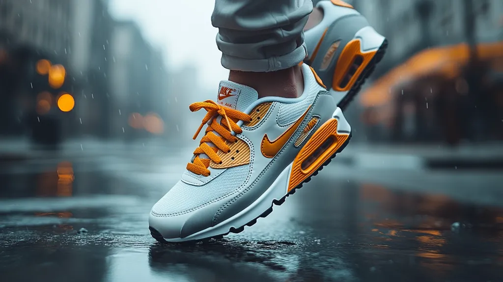Here's a description of the image:

Close-up view of a person's feet wearing light grey and orange Nike Air Max 90 sneakers. The shoes are stylish, with orange accents on the laces, swoosh logo, and sole. The person is walking in the rain, and the wet city street reflects the blurred lights and raindrops. The background is out of focus, emphasizing the shoes. The image has a moody and atmospheric quality due to the rain and low light.