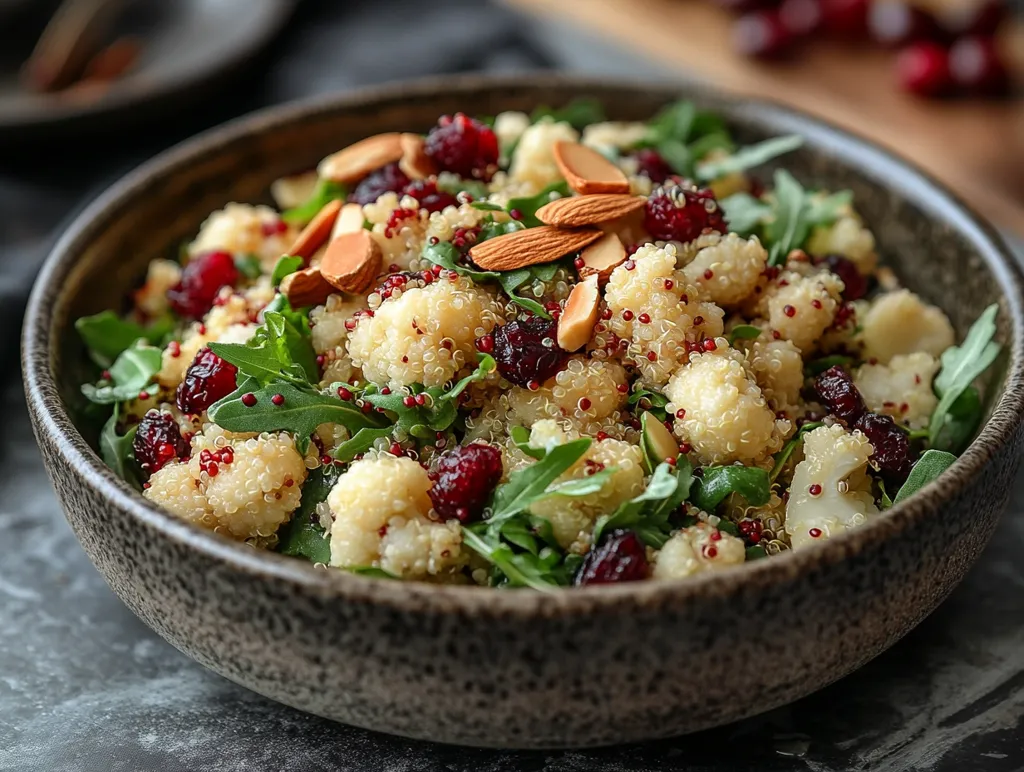 A bowl of salad with quinoa, cauliflower, cranberries, almonds, and arugula. The salad is in a dark brown bowl with a textured surface. The bowl is sitting on a grey surface. The salad is a colorful and healthy mix of ingredients. The salad looks delicious and refreshing.