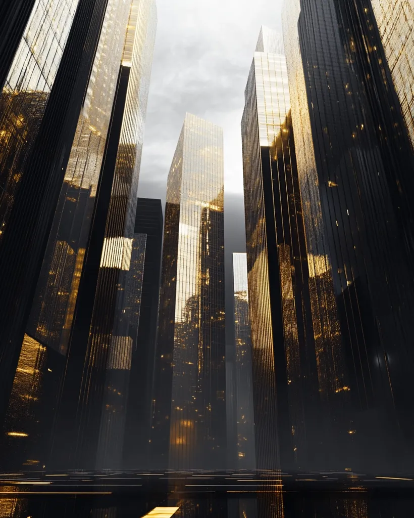 A low-angle view of towering skyscrapers in a city, with a dark and moody atmosphere. The buildings are primarily black and gold, with reflective surfaces that reflect the light from the sky. The city is shrouded in a mist, adding to the sense of mystery and grandeur. The image creates a sense of awe and wonder, emphasizing the immense scale and power of the city.