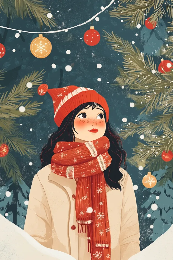 The illustration depicts a young woman with long black hair, wearing a red knitted hat and a matching scarf with a white stripe. She is standing in a snowy forest, looking up at a string of Christmas ornaments hanging from the branches of a pine tree. Snowflakes fall gently around her, creating a peaceful and festive atmosphere. The colors are soft and warm, evoking a sense of cozy winter joy.