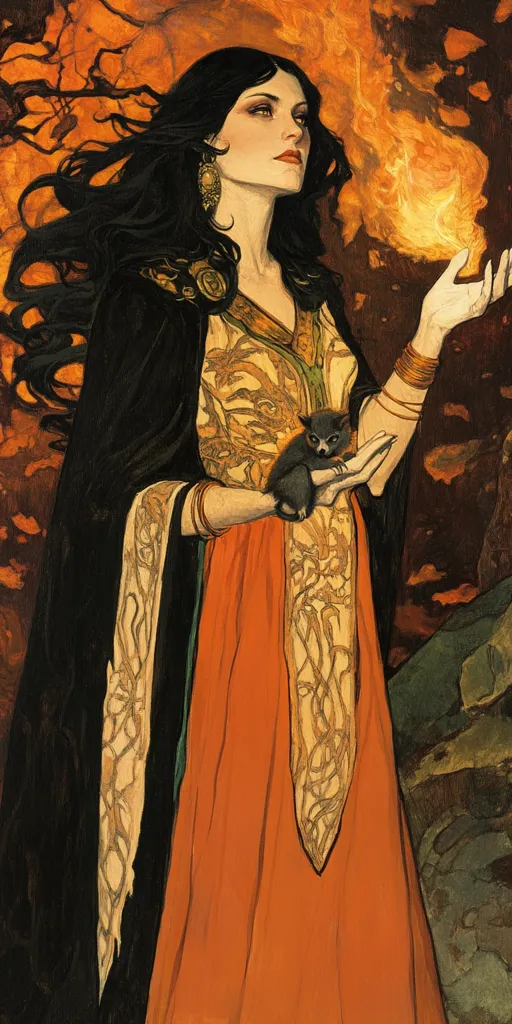 A woman with long dark hair stands in a fiery landscape, wearing a black cloak over an orange and gold dress.  She holds a small black creature in her hand and gazes upward, a flame dancing behind her. Her expression is stoic, and she wears several gold bangles on her wrist.  The scene has a fantastical and mystical quality.