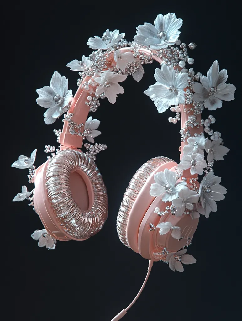 A pair of pink headphones are adorned with white flowers and pearl-like embellishments. The headphones are on a dark background. The flowers are delicate and the pearls add a touch of elegance to the headphones. The image evokes a feeling of femininity and sophistication.  The headphones seem to be designed for someone who wants to listen to music in style.