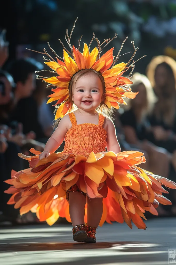 A little girl in a bright orange dress, adorned with a sunflower-like headdress, walks down a runway. The dress is made of large, layered petals and the girl's bright smile radiates joy.  She looks like a tiny sunflower, radiating sunshine and happiness.  The blurry background suggests a bustling crowd watching this charming performance.