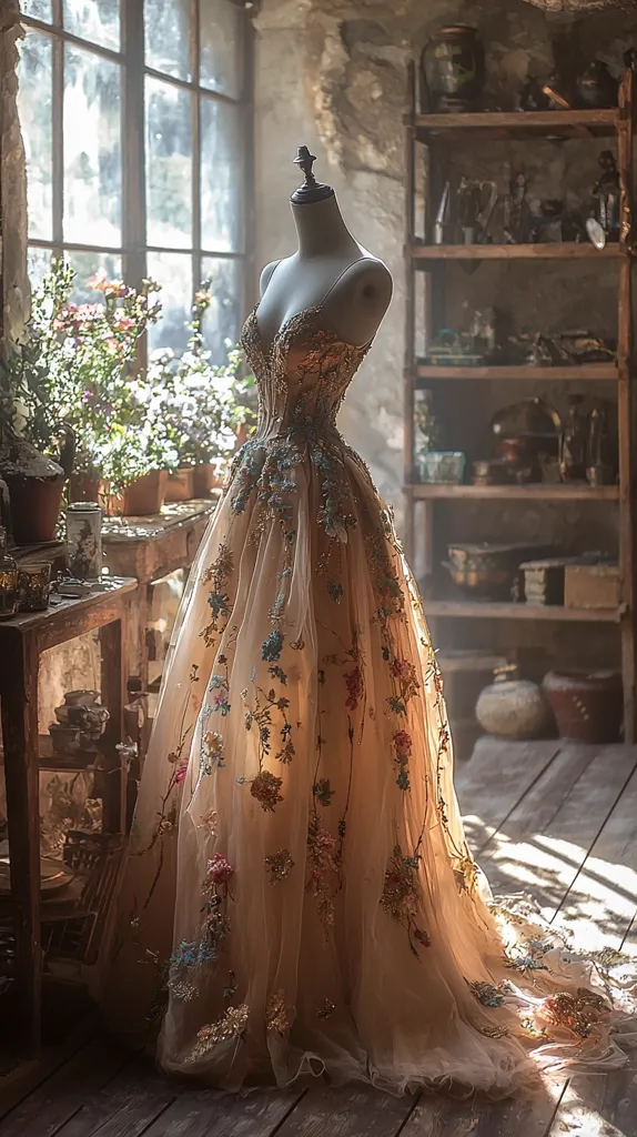 A stunning, light beige gown, adorned with colorful floral embroidery, is displayed on a mannequin in a rustic setting.  The dress, with its full skirt and fitted bodice, exudes elegance. It's positioned near a sunlit window in a room filled with antique furniture and shelves holding various objects, creating a dreamy, vintage atmosphere. The overall mood is romantic and evocative.