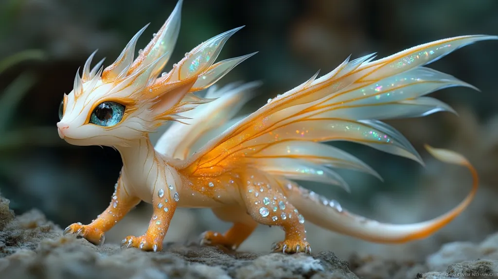 A small, white dragon with large, blue eyes and orange wings sits on a rock. The dragon's body is covered in tiny, shimmering scales, and its wings are delicate and translucent. The dragon looks alert and curious, its head tilted to one side. The background is blurred, suggesting a soft, magical setting. The image captures the wonder and beauty of mythical creatures.