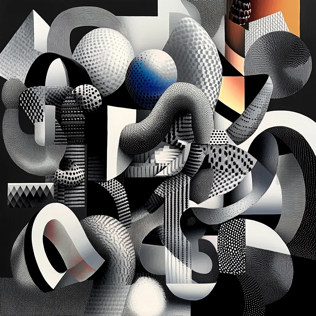The image is a digital abstract art piece. It features a series of interconnected shapes and forms in black, white, and grey tones, with a single blue sphere adding a pop of color. The forms are covered in various patterns and textures, creating a complex and dynamic visual experience. The image has a sense of depth and movement, with the shapes appearing to twist and turn. The overall impression is one of abstract beauty and complexity.