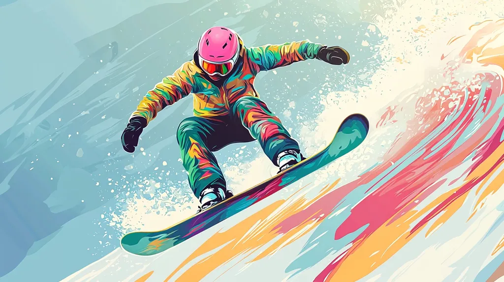 The image depicts a snowboarder in mid-air, soaring over a colorful abstract background. The snowboarder is dressed in a bright yellow, green, and red jacket and pants, with a pink helmet. They are mid-air, their board tilted slightly upwards. The background is a vibrant mix of blues, pinks, oranges, and yellows, with the colors swirling and blending to create a dynamic and energetic feel. The image captures the excitement and thrill of snowboarding, with the snowboarder defying gravity and navigating a dynamic and abstract terrain.