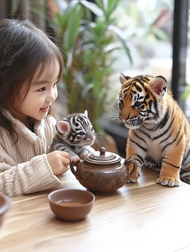 A young girl is sitting at a table with two tiger cubs. The girl is wearing a white sweater and is looking at the cubs with a smile on her face. One cub is white and black, while the other is orange and black. There is a teapot and a teacup on the table. The girl is petting the white and black cub. The scene is warm and inviting.