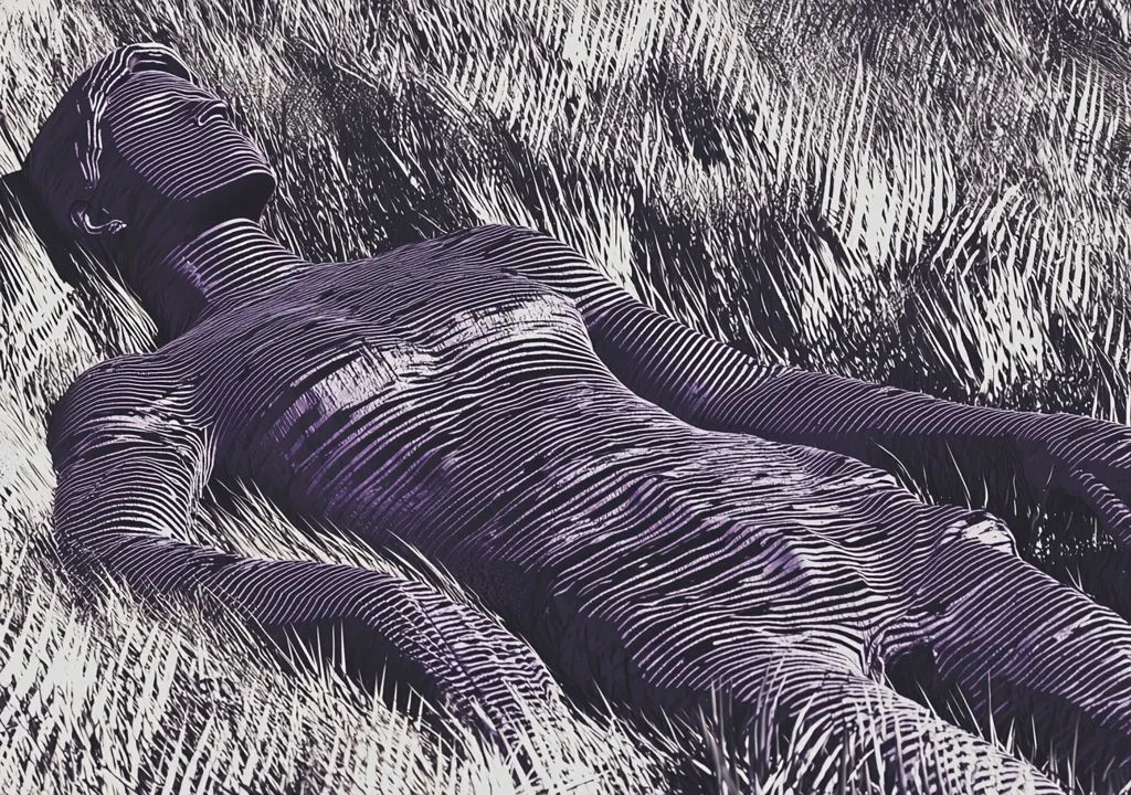 The image depicts a stylized, abstract human figure lying down in a field of grass. The figure is made up of overlapping, horizontal lines, creating a layered and textured effect. The background is a field of grass, rendered in a similar abstract style with swirling lines. The image has a dark and mysterious feel, and the abstract rendering makes the figure seem almost spectral or ethereal.