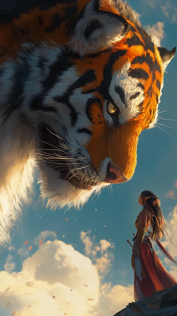 A colossal tiger, rendered with meticulous detail in its fur and markings, dominates the foreground. Its immense size dwarfs a small, armored female figure standing below. She holds a sword, facing the majestic beast against a backdrop of a serene, partly cloudy sky. Orange-hued petals drift through the air, adding to the ethereal atmosphere. The image evokes a sense of awe and perhaps a subtle tension between the powerful animal and the courageous woman.