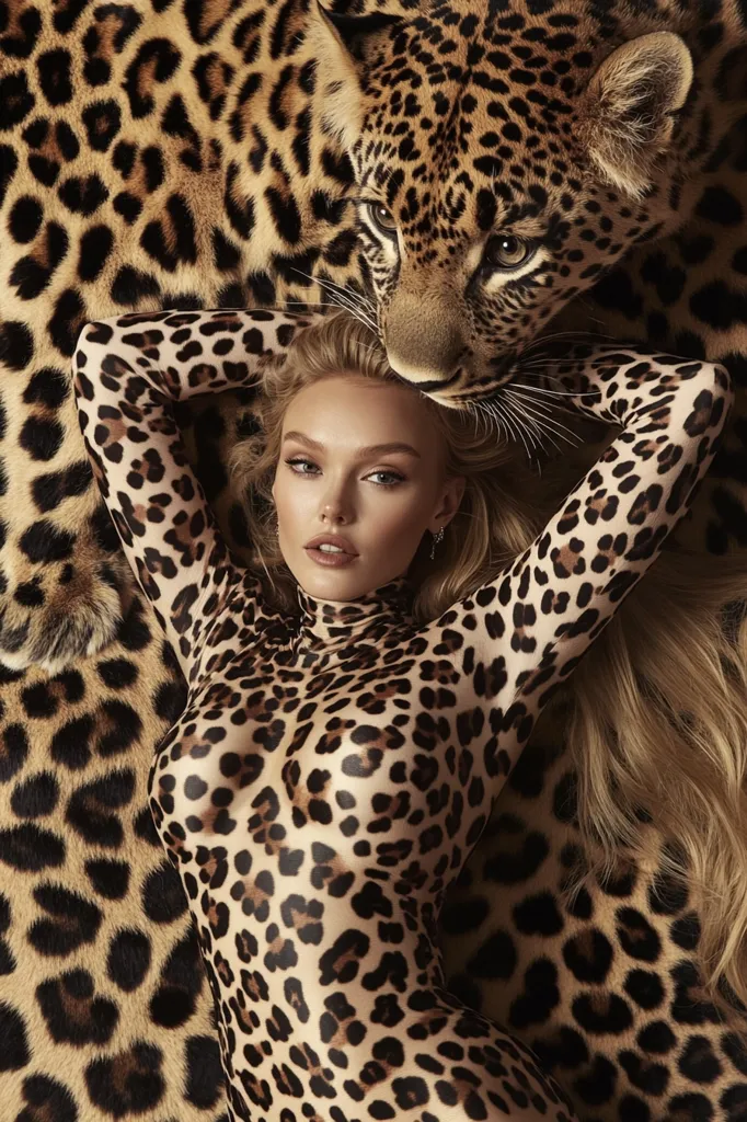 A blonde woman with long hair lies on a leopard print fur.  She wears a sheer, form-fitting leopard print bodysuit.  A large leopard's head rests gently on her shoulders, its gaze directed slightly away from the camera. The image is styled with dramatic lighting and emphasizes the textures of the fur and the bodysuit. The overall effect is one of luxurious wildness and sensuality.