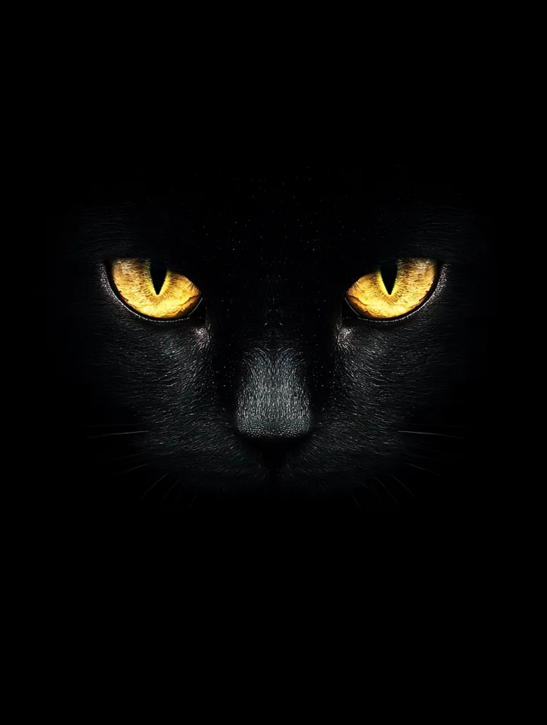 The image shows a close-up of a black cat's face, with only its bright yellow eyes and a sliver of its black nose visible against a pitch black background. The cat's gaze is intense and focused, creating a mysterious and slightly menacing feel.