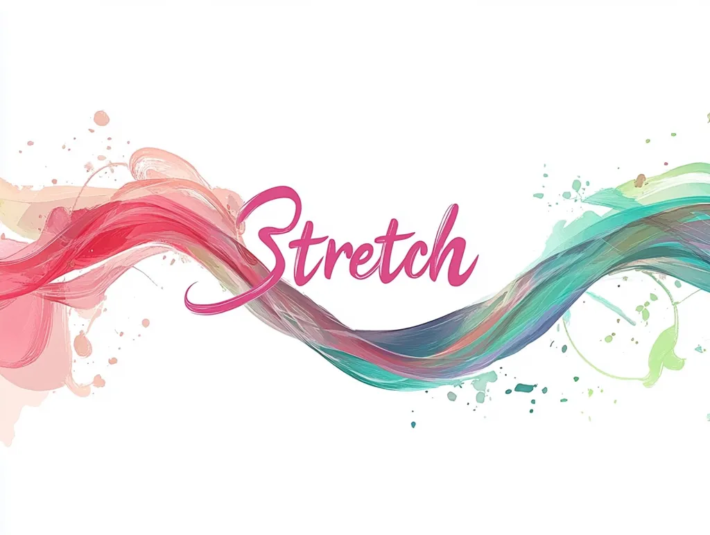 The image features a colorful abstract design on a white background. A wavy, flowing line in shades of pink, teal, and purple forms the shape of an 'S' with the word "Stretch" written in pink lettering on top of the curve. Scattered paint splotches in shades of green and pink add texture and interest. The design suggests movement and energy.
